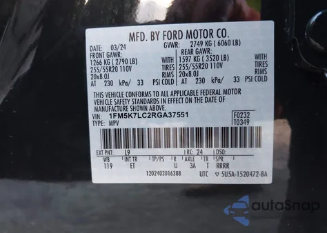 2024 Ford Explorer King Ranch z USA, uszkodzony, nr VIN 1FM5K7LC2RGA37551